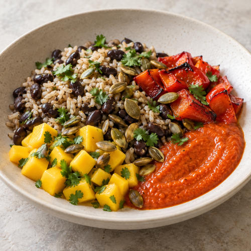 Brown Rice and Black Beans, Pepper Coulis and Cilantro - Fresh Start 30: A Journey To Better Health Brown Rice and Black Beans, Pepper Coulis and Cilantro